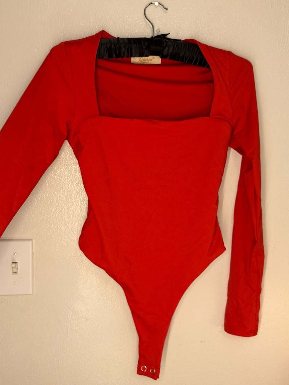 Qinsen Square Neck Long Sleeve Double Lined Red Bodysuit